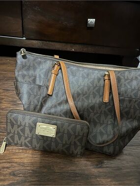 Michael Kors Brown MK Logo Tote with Tan Leather Straps and Matching Wallet